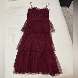 Lulu's Elegant Burgundy Polka Dot Midi Dress